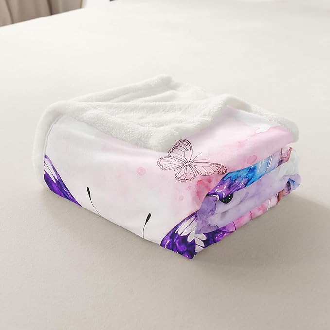 Feelyou Girls Fleece Throw Blanket Queen 90"x90" Kids Watercolor Butterfly Sherpa Blanket Plush Fuzzy for Bed Couch Chair Living Room, Pink Purple Bed Blanket Room Decor
