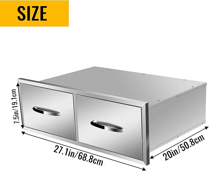 Outdoor Kitchen Drawers Stainless Steel 30W X 10H X 20D Inch, Flush Mount Double BBQ Island Drawers with Handle for Outdoor Kitchens, Patio or Grill Station