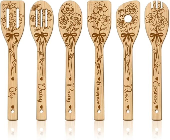 GLOBLELAND 6Pcs Bouquet Bamboo Cooking Utensils Wooden Lilies Roses Daisies Cosmos Engraved Cooking Spoons Spatula Set for Women and Men Wood Cooking Spoon for Kitchen House Warming Gift