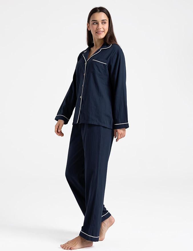 Womens Pajama Sets 100% Double Gauze Cotton Linen Like Muslin Pajamas Long Sleeve Button Down Sleepwear Soft Pjs Lounge Set