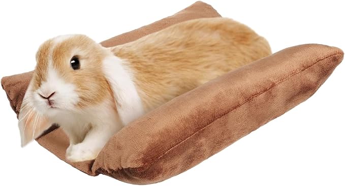 MEWTOGO 15.7" x 14" Bunny Bed for Rabbit Cage, Thickened & Soft | Prevent Sore Hocks Plush Mat with Cotton Lounger Pillows, Small Animal Flop Mat for Hutch Sleeping Indoor, Brown
