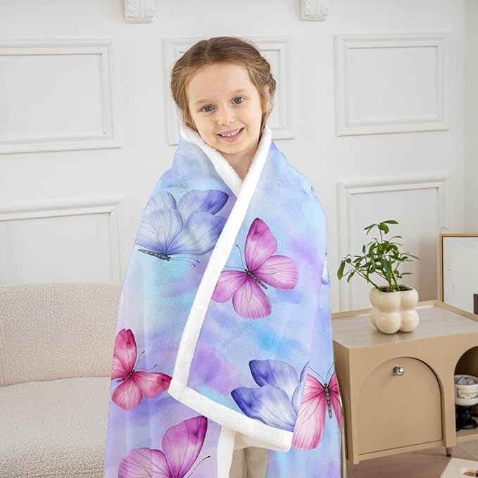 Feelyou Girls Butterfly Fleece Throw Blanket Queen 90"x90" Kids Tie Dye Watercolor Sherpa Blanket Plush Fuzzy for Bed Couch Chair Living Room, Dreamy Girly Bed Blanket Purple Blue Room Decor