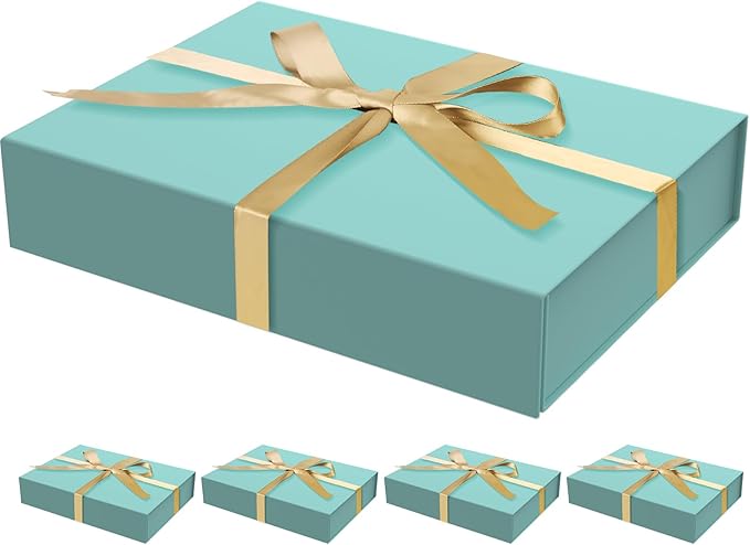 5 Pack Gift Boxes with Lids, 11 x 8.2 x 2.3 Inches Packing Box for Presents Ribbon Magnetic Closure, Luxury Wrapping Gift Boxes for Weddings, Birthdays, Chrismas, Halloween, Blue