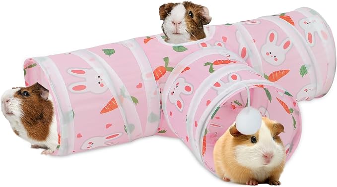 Rypet Guinea Pig Tunnel Hideout 3-Way Collapsible Pet Tubes, Carrot Pink | 3 Way Design for Exploration, Collapsible for Easy Storage, Built-in Play Ball, Hiding & Resting for Hamsters Ferrets