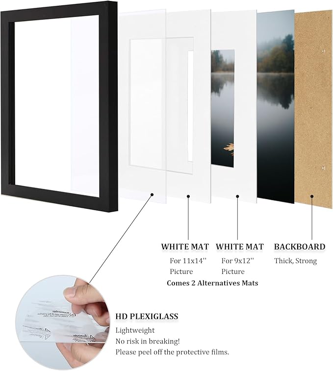 Egofine 12x16 Picture Frames Set of 4, Made of Solid Wood Covered by Plexiglass 9x12 and 11x14 with Mat or 12x16 without Mat, for Wall Mounting Photo Frame Black