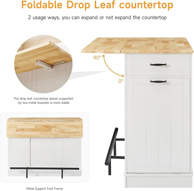 ONBRILL Stationary Kitchen Islands Include 2 Chairs, 47" Kitchen Island with Drop Leaf, Home Bar Table with Spice Rack & with Trash Cabinet, Island Table for Dining Room with Power Outlet, White