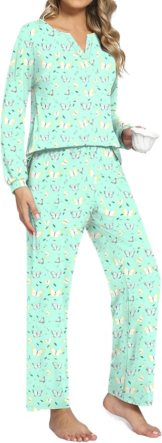 Anyally Women's Plus Size Pajama Sets Ladies Fall Pjs 2 Pieces Lounge Outfits V Neck Long Sleeves Sleepwear with Pockets