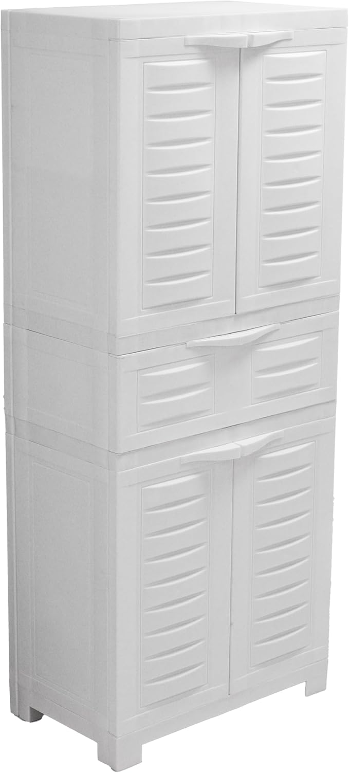 Sunnydaze 57" H Resin Garage Storage Cabinet - Garage Cabinet with 2 Adjustable Shelves - Freestanding Utility Storage for Laundry Room, Office, Basement - Speckled White