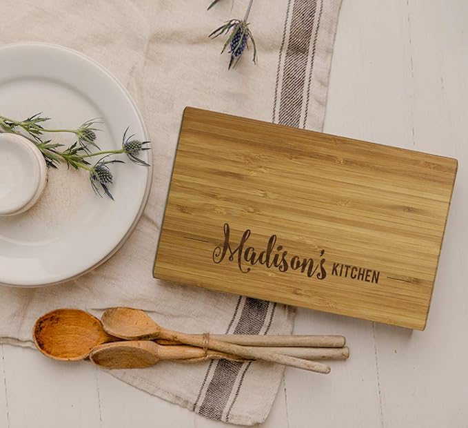 Andaz Press Personalized Laser Engraved Small Bamboo Wood Cutting Board, 9.5 x 6-inch Custom Name's Kitchen Grandma Mother's Day Mom's Birthday Cutting Board Gift Idea