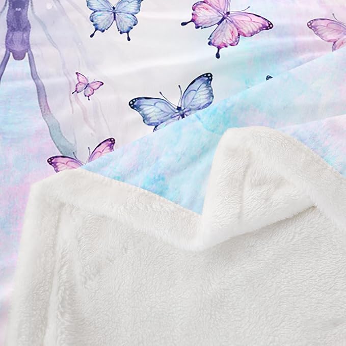 Feelyou Girls Gorgeous Butterflies Fleece Throw Blanket Throw 50"x60" Kids Purple Blue Tie Dye Sherpa Blanket Plush Fuzzy for Bed Couch Chair Living Room, Butterflies Lover Bed Blanket Room Decor