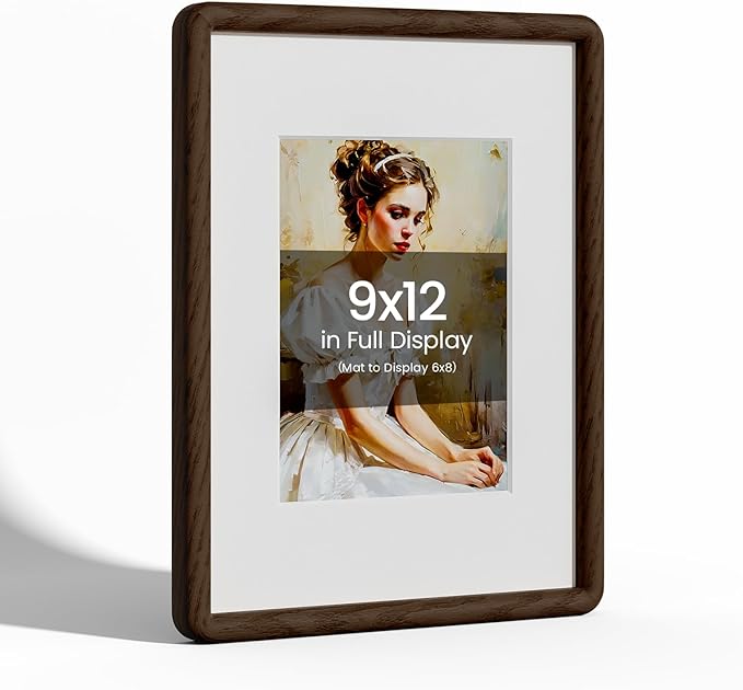 9x12 Picture Frame Natural Oak Wood From California-USA Walnut Color Finished with Real Tempered Glass, Handcrafted 9 x 12 Photo Frame Matted to 6x8 Wedding,Family,Graduation Picture on Table & Wall