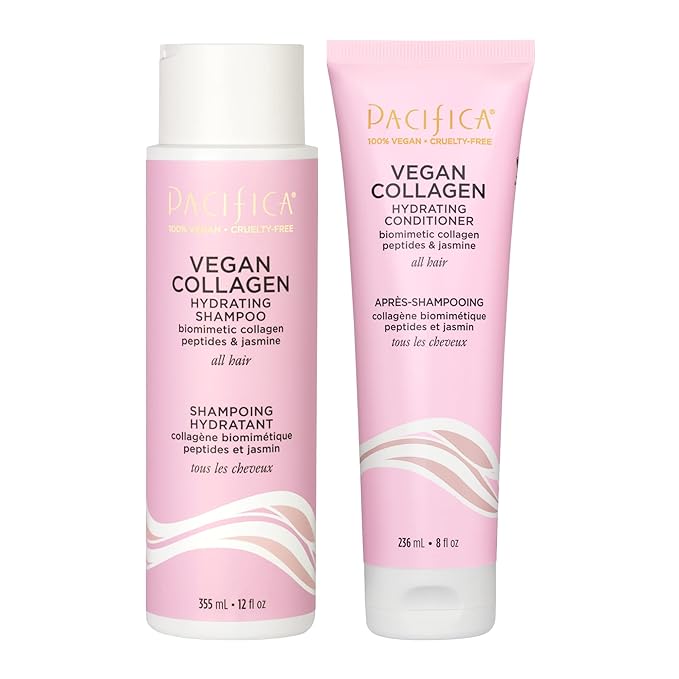 Pacifica Vegan Collagen Hydrating Shampoo & Conditioner Set – Moisturizing Hair Care for Dry Brittle Hair, Biotin & Avocado Oil for Strength & Shine, Thickening Clean Vegan Dermatologist Tested, 12 oz