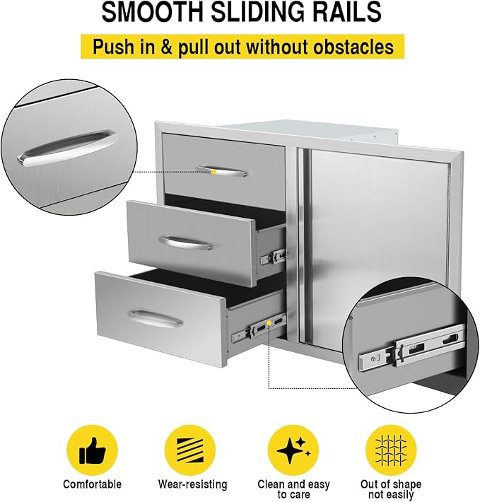 Outdoor Kitchen Drawers Stainless Steel 38.3W X 22.7H X 20.7D Inch, Flush Mount Triple BBQ Island Drawers with Handle for Outdoor Kitchens, Patio or Grill Station