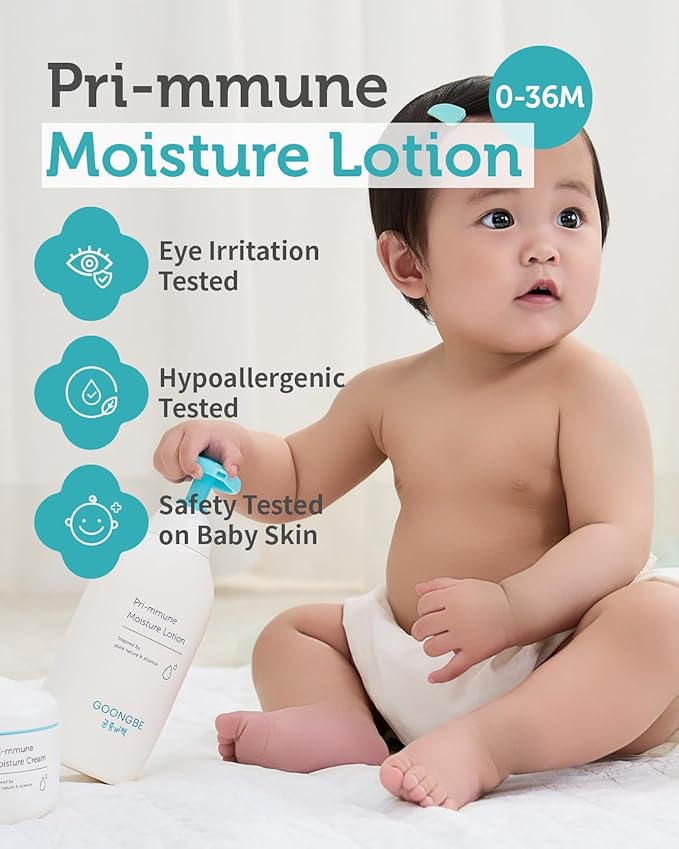 GOONGBE Pri-mmune Moisture Lotion - Korean Baby Body Moisturizer - Hypoallergenic Moisturizing & Calming Daily Skincare for Dry Skin - Fast Absorbing, Naturally Derived Non-Greasy Lotion, 11.8 oz.
