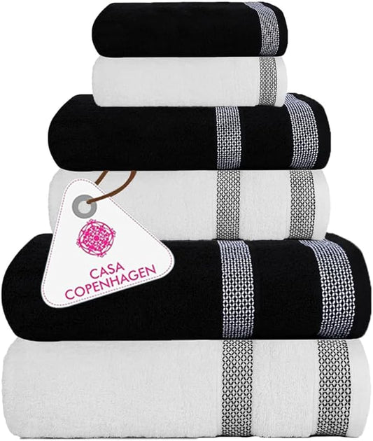 CASA COPENHAGEN Solitaire Mix 6 Pieces Towel Set- White + Jet Black, 600 GSM 2Bath Towel 2Hand Towel 2Washcloth, Designed in Denmark Made of Soft Egyptian Cotton for Bathroom, Kitchen & Shower