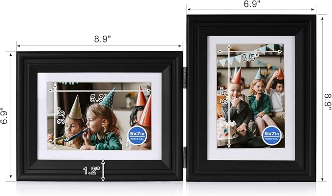 5X7 Double Wooden Hinged Picture Frame Horizontal and Vertical in Black, Display 4x6 with Mat or 5x7 without Mat, Folding Photo Frame with Real Glass Front for Tabletop X2-HEI-HS57