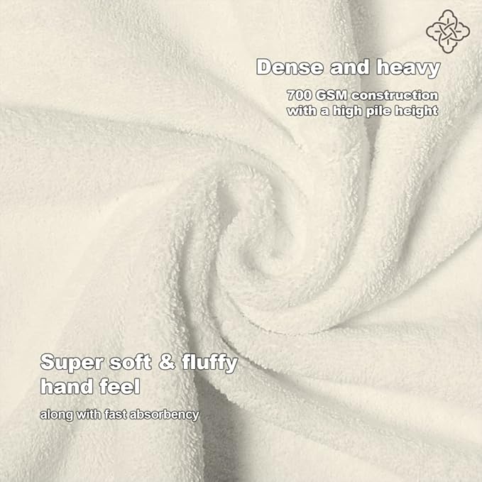 BIOWEAVES 100% Organic Cotton 700 GSM Plush 6-Piece Towel Set GOTS Certified, 2 Bath Towels, 2 Hand Towels & 2 Washcloths - Ivory