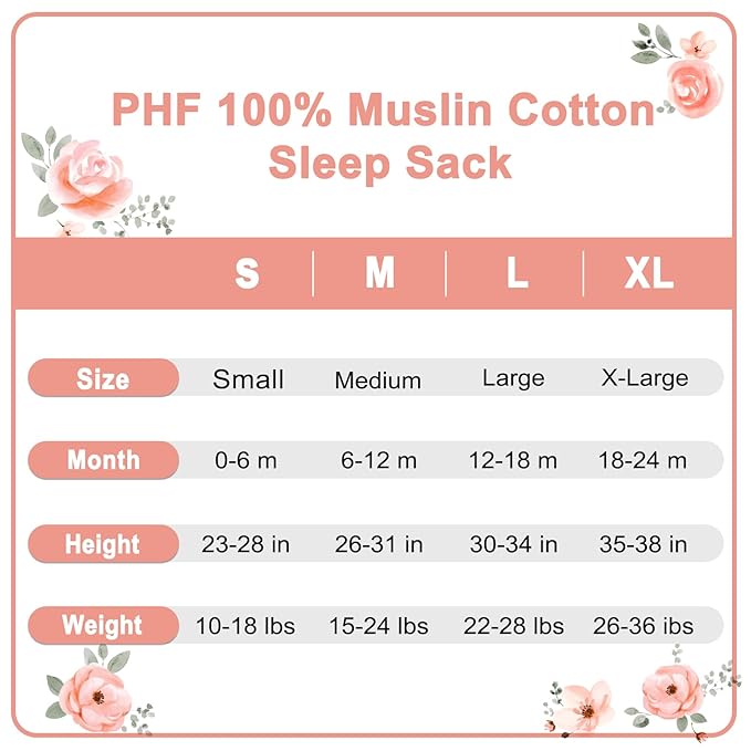 PHF 100% Muslin Cotton Baby Sleep Sacks, 18-24 Months Sleep Sack with 2-Way Zipper, 2 Pack Cooling 0.5 TOG Breathable X-Large Size Sleeveless Baby Wearable Blanket for Baby Girl, Floral