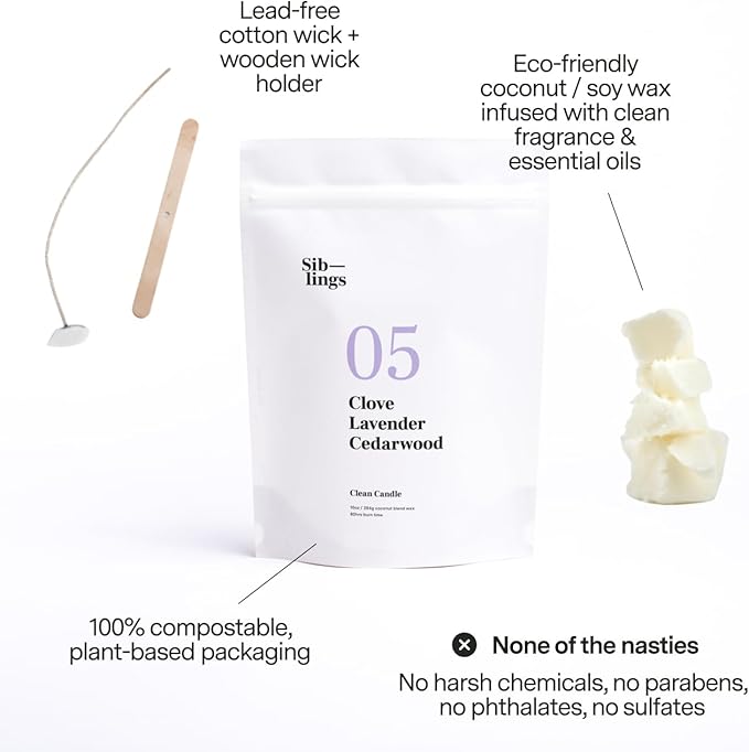 Siblings Essentials, Candle Refill Kit, DIY Candle Kit | No 05: Clove, Lavender, Cedarwood and Rejuvenating Body Bar Soap (Evergreen)