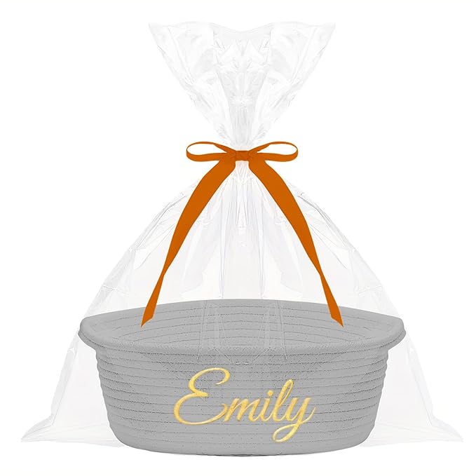 HUTARIO Personalized Woven Basket Embroidered Name with Gift Bags and Ribbons,Empty Small Rope Basket，Durable Storage Custom Grey Basket with Handles for Baby Showers or Christmas,12"×8"×5"