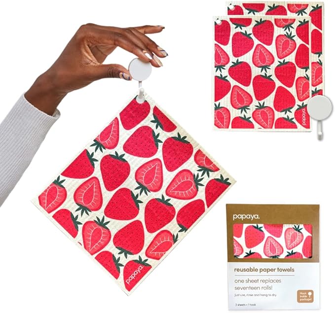 Papaya Reusable Paper Towels, Premium Swedish Dishcloths, Washable Reusable Dish Cloths, 1 Sheet Replaces 17 Rolls, Eco Friendly Stocking Stuffer - 2 Sheets, 1 Hook