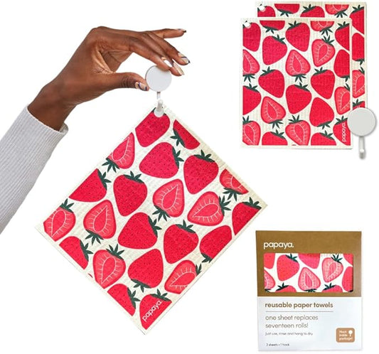 Papaya Reusable Paper Towels, Premium Swedish Dishcloths, Washable Reusable Dish Cloths, 1 Sheet Replaces 17 Rolls, Eco Friendly Stocking Stuffer - 2 Sheets, 1 Hook
