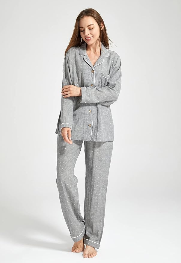 Womens Pajama Sets 100% Double Gauze Cotton Linen Like Muslin Pajamas Long Sleeve Button Down Sleepwear Soft Pjs Lounge Set
