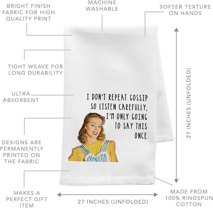 Andaz Press Funny Retro Kitchen Towel, Flour Sack Tea Towel, I Don't Repeat Gossip So Listen Carefully, Funny Birthday for Mom, Daughter, Grandma, Sister, Friend, Women, Gag Gift