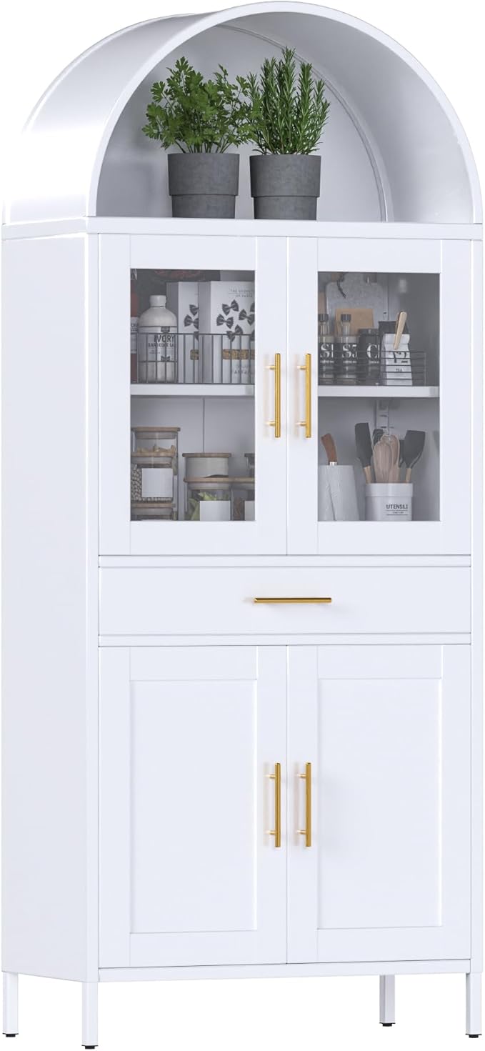 73''H Metal Farmhouse Arched Pantry Cabinet,White Tall Arched Cabinet for Kitchen Dinning Room, Assembly Required