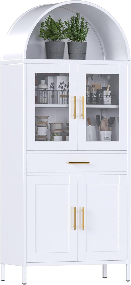 73''H Metal Farmhouse Arched Pantry Cabinet,White Tall Arched Cabinet for Kitchen Dinning Room, Assembly Required