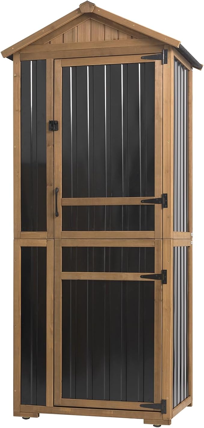 Ketive Outdoor Storage Cabinet 70 Inch, Wooden Vertical Garden Tool Storage Shed with Adjustable Shelves, Waterproof Roof, Lockable Doors, Small Backyard Utility Cabinet for Patio Garage