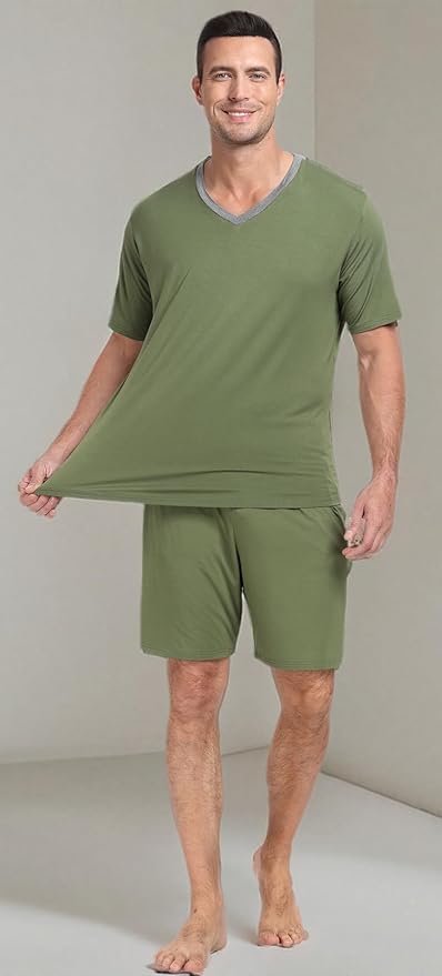 PrinStory Men's Pajama Set Sleepwear Pjs Lightweight Quick Dry Short Sleeve V-Neck Shirts and Shorts Soft Comfy Sleep Sets