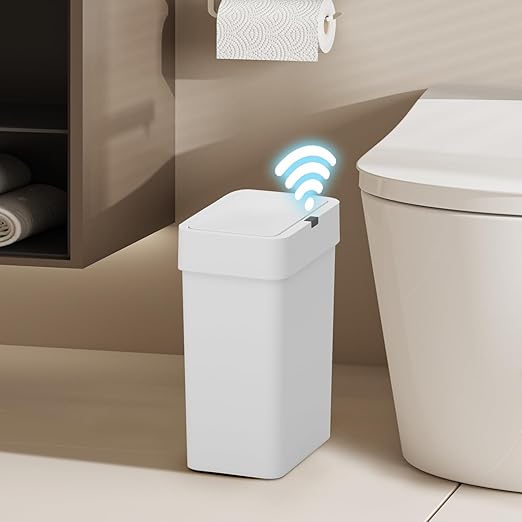 ELPHECO Bathroom Trash Can with Lid 2.5 Gallon Motion Sensor Slim Garbage Can Small Touchless Trash Bin Bathroom Decor 9.5 Liter Smart Waste Basket for Bedroom, Living Room, Toilet, White