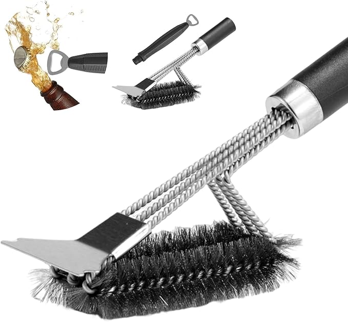 Grill Brush & Scraper BBQ Brush for Grill, 18" Stainless Steel Woven Wire 3 in 1 Bristles Grill Cleaning Brush with Bottle Opener & Clipping Hook