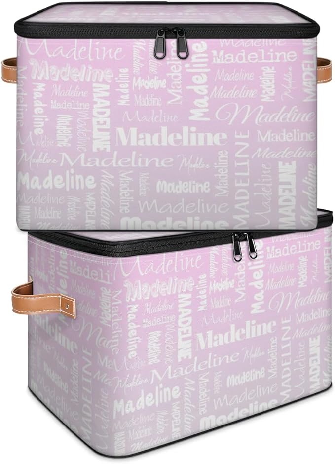 Custom Storage Basket with Name, Personalized Keepsake Box with Zipper Lid, Foldable Fabric Memory Bin Large capacity with Handle Grey Pink Gradient