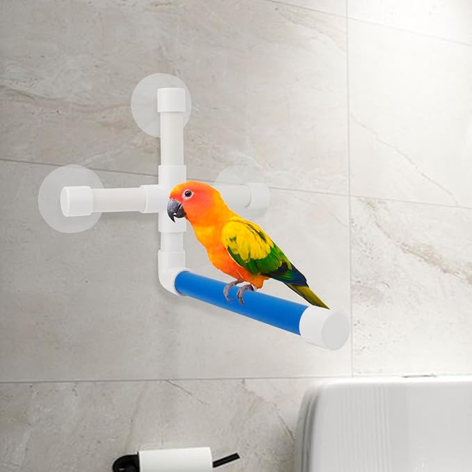 Hypeety Portable Suction Cup Bird Window and Shower Perch Toy Parrot Stand | 3 strong suction cups, parrot bath perch, easy to install, fits windows/shower tile, for budgies/parakeets/lovebirds, blue