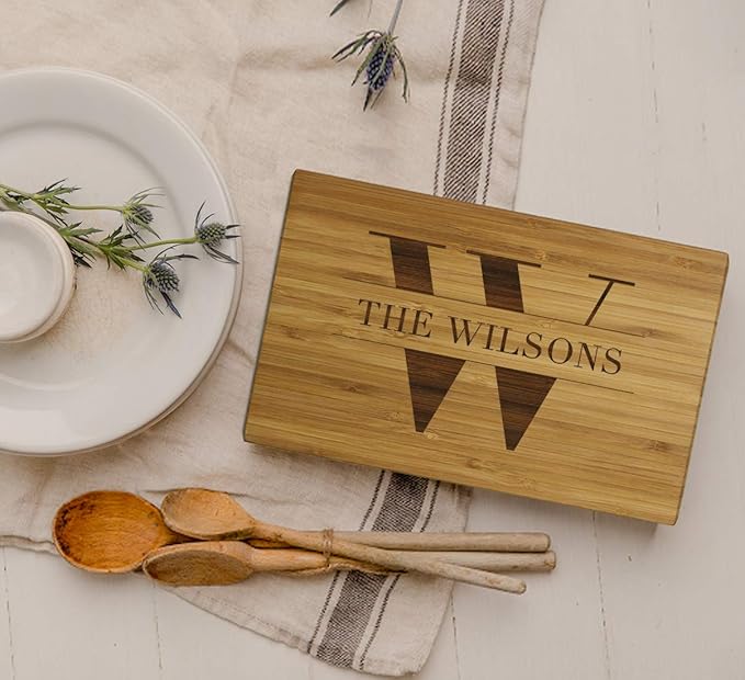Andaz Press Personalized Laser Engraved Small Bamboo Wood Cutting Board, 9.5 x 6-inch, Monogram with Last Name, Custom