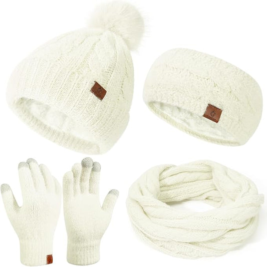 Womens Beanie Hat Infinity Scarf Touchscreen Gloves Fleece Headband 4 in 1 Winter Clothes Set Gifts for Women