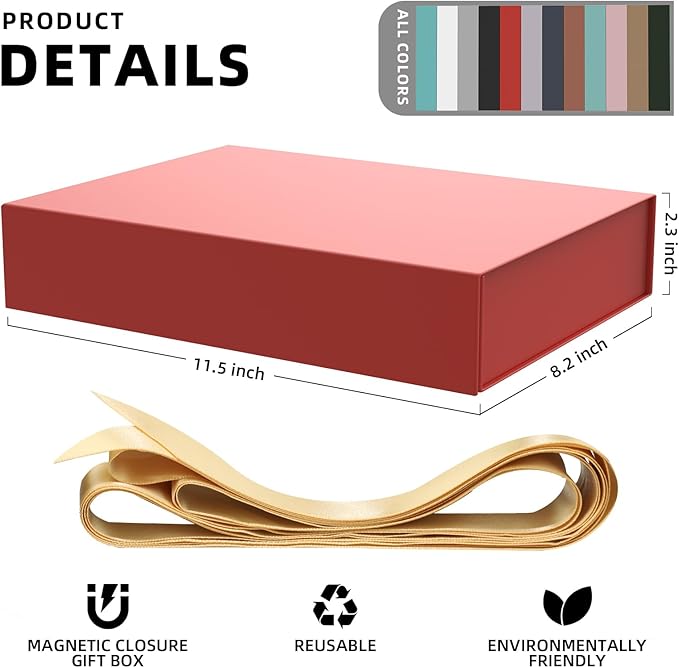 5 Pack Gift Boxes with Lids, 11 x 8.2 x 2.3 Inches Packing Box for Presents Ribbon Magnetic Closure, Luxury Wrapping Gift Boxes for Weddings, Birthdays, Chrismas, Halloween, Red