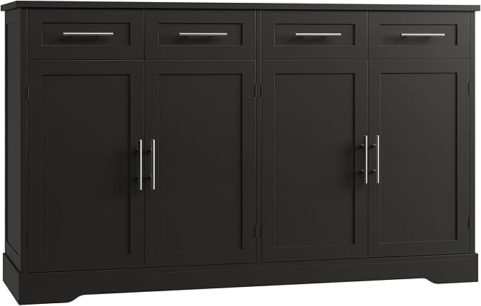 HOSTACK 60" Large Buffet Sideboard with Storage, 36" Tall Kitchen Buffet Storage Cabinet with 4 Drawer, Modern Coffee Bar Cabinet with Silver Handle, Long Sideboard Buffet Table for Kitchen, Black