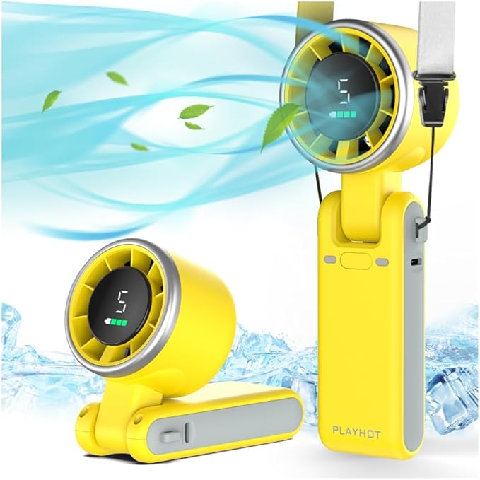Portable Handheld Turbo Fan, 5-Speed Personal Fans, 5000mAh Rechargeable Fans Up to 12 Hours, Weight only 0.6lb Small Fan, Hand/Neck/Desk Fan 3 IN 1, Beach Vacation Essentials(Yellow)