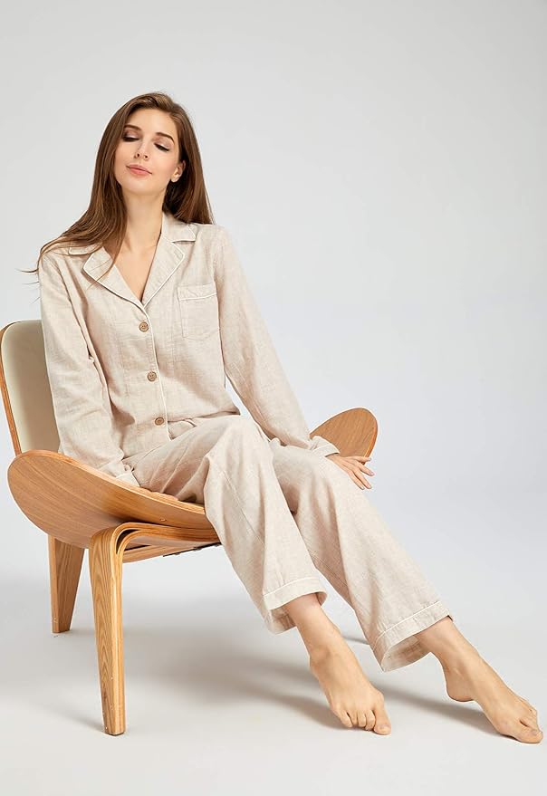 Womens Pajama Sets 100% Double Gauze Cotton Linen Like Muslin Pajamas Long Sleeve Button Down Sleepwear Soft Pjs Lounge Set