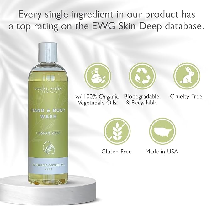 SoCal Suds & Company - 12oz Organic Soap Liquid, Gentle Hand & Body Wash, Organic Body Wash for Men and Women, Made w/Organic Oils & Coconut Oil, Bath Essentials for All Skin Types - 2pk Lemon Zest