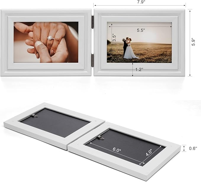 Horizontal 4X6 Picture Frames Double Hinged Wood Folding Photo Frames with Real Glass Front Fit for Desktop or Tabletop, White XBAI-H64X2