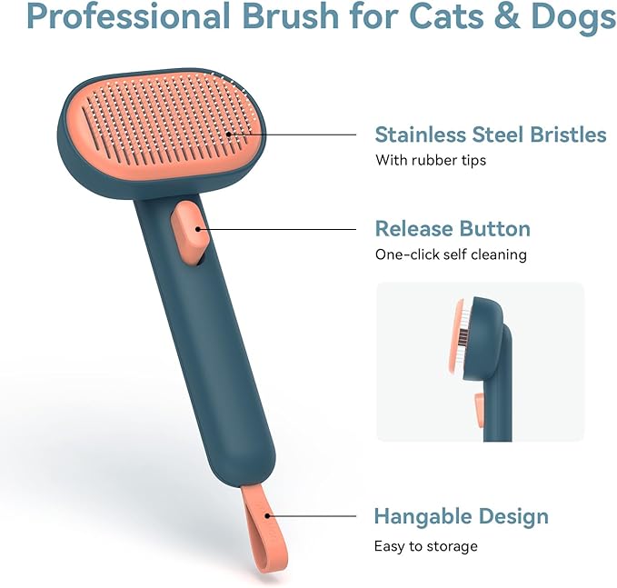 Aumuca Skin Friendly Self-Cleaning Slicker Brush for Dogs & Cats, Gentle Pet Grooming Tool for Shedding & Deshedding, Efficient Hair Remover for Long & Short Haired Pets | Self Cleaning Pet Brush for Long or Semi-Short Haired Cats, Removing Loose Fur &...