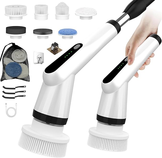 WKY-Electric Spin Scrubber - Upgraded 12-in-1 IPX7 Waterproof Shower Scrubber, Retractable Handle & 2-Speed for Toilet, Bathroom, Bathtub, Tile Floors