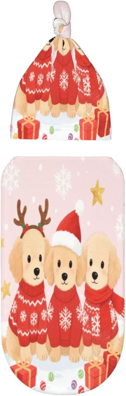 Christmas Baby Swaddle Blanket and Hat Set for Newborn Boys Girls Soft Infant Wrap Sleep Merry Christmas Dog
