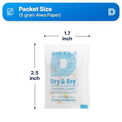 Dry & Dry 5 Gram [120 Packets] Premium Pure & Safe Orange Indicating Silica Gel Packets Desiccant Dehumidifiers - Food Safe Silica Packets Silica Gel Moisture Absorbers