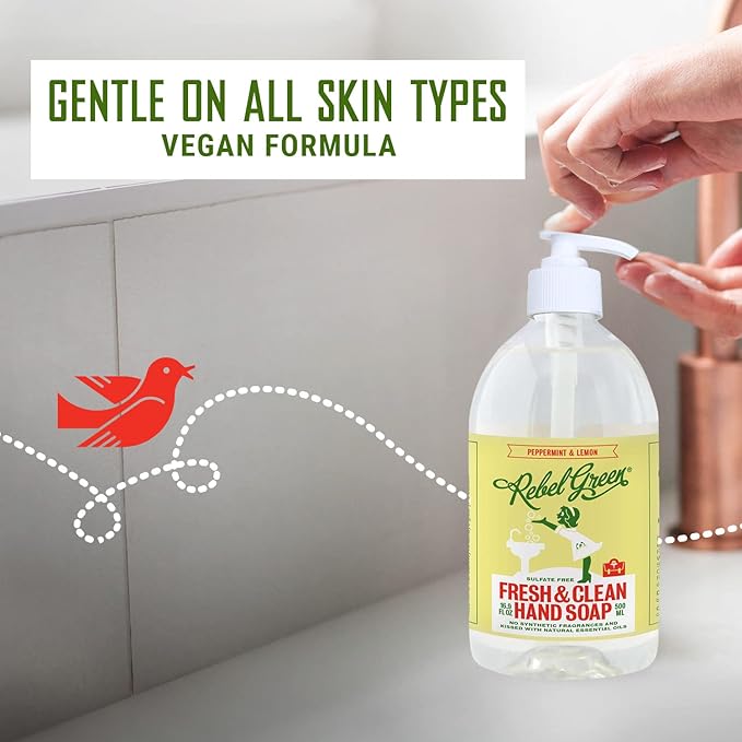Rebel Green Liquid Hand Soap - Moisturizing Natural Bathroom & Kitchen Liquid Soap - Gentle Household Hand Wash (Peppermint and Lemon, 16.90 Fl Oz (Pack of 4))