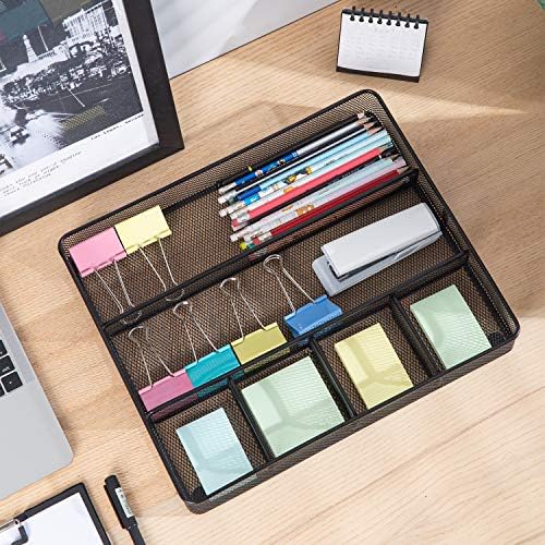 Amazon Basics Mesh Desk Drawer Organizer with 6 Compartments, Non-Slip Office Supplies Storage for Pens and Accessories, Black